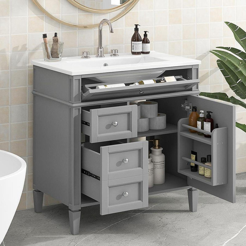 Meuble-lavabo de 30 po avec lavabo supérieur, meuble-lavabo moderne avec 2 tiroirs et tiroir escamotable, meuble-lavabo simple