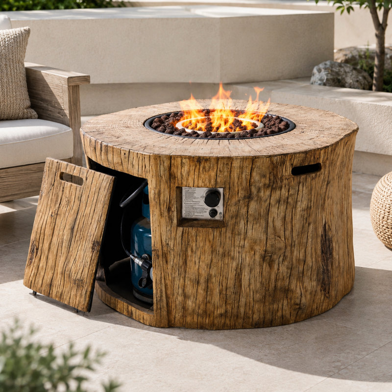 Adriyanna Concrete Propane Smokeless Fire Pit Table, Brown