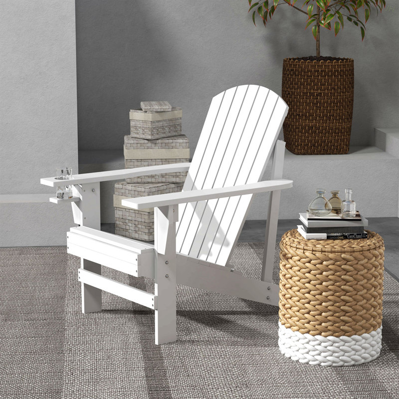 Outsunny Wooden Adirondack Chair, Outdoor Patio Lawn Chair With Cup Holder, Weather Resistant Lawn Furniture, Classic Lounge For Deck, Garden, Backyard, Fire Pit, White