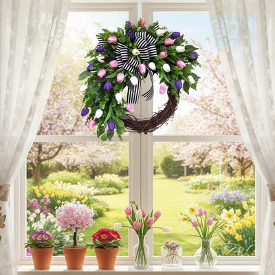 Tulip Wreath Simulation Flowers Wreath Front Door Garland Decorative Floral Wreath for Wedding Festival Front Door Decor