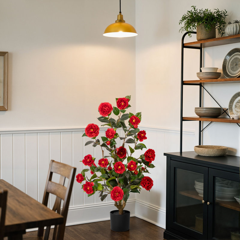Arbre de camélia artificiel 3,3 pi 2 pièces, avec fleurs en fleurs et tronc de bois naturel, Rouge