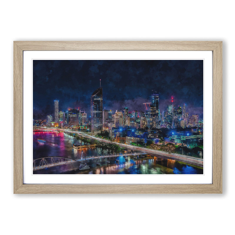 Brisbane City Skyline Australia Painting - Single Picture Frame Print on MDF, 62cm H x 87cm W x 2cm D, Oak