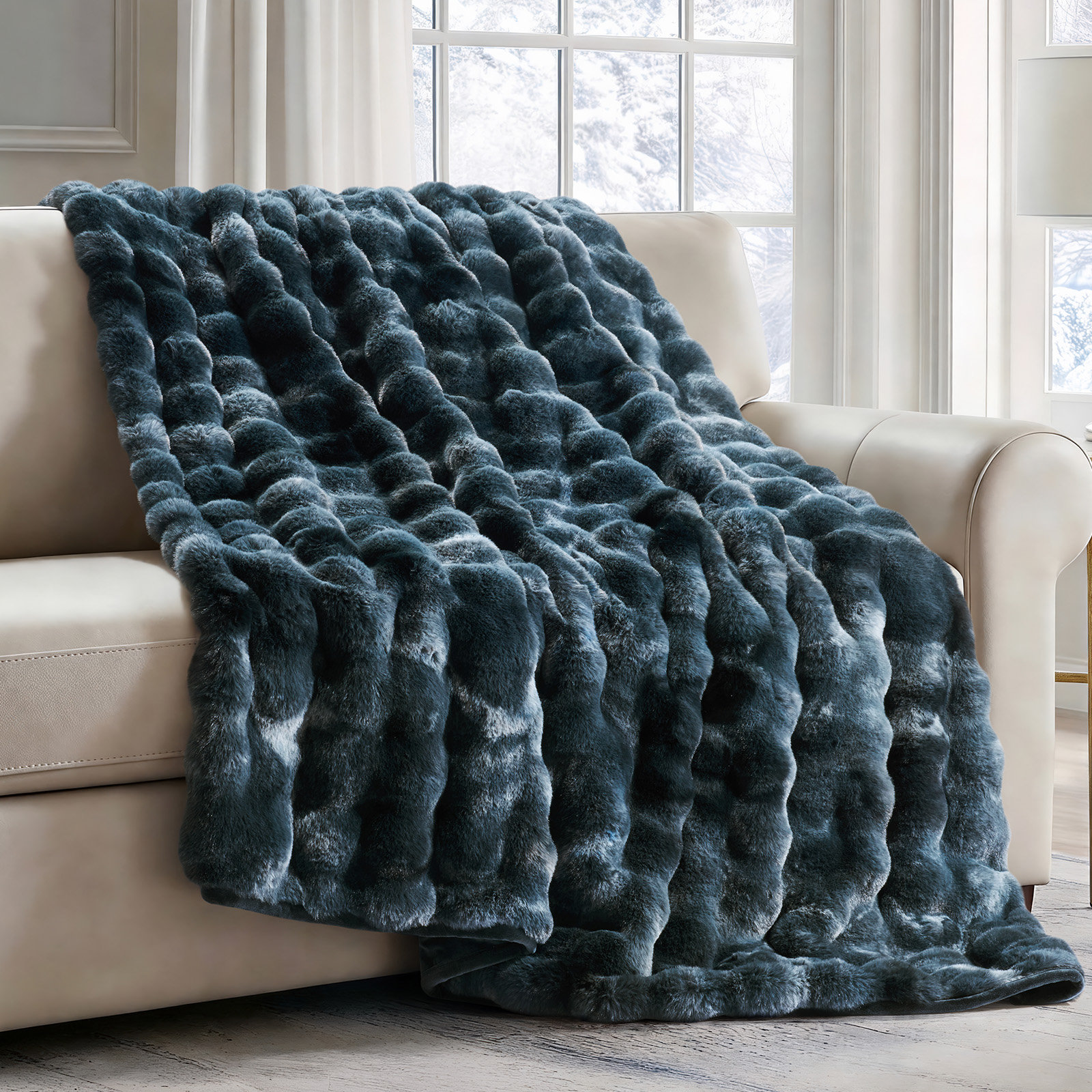 Faux Fur Weighted Throw Blanket, 80" L x 60" W, Deep Indigo Marble