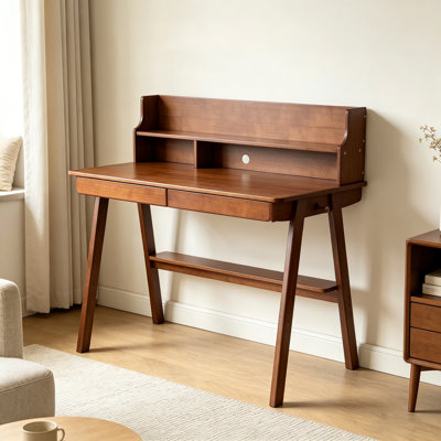Mid-Century Modern Writing Desk with Drawers, Walnut Finish Home Office Computer Table