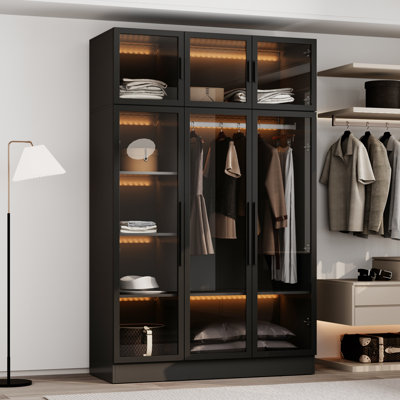 47.2"W × 19.2"D × 74.8"H Freestanding Glass Door Wardrobe with Lightning