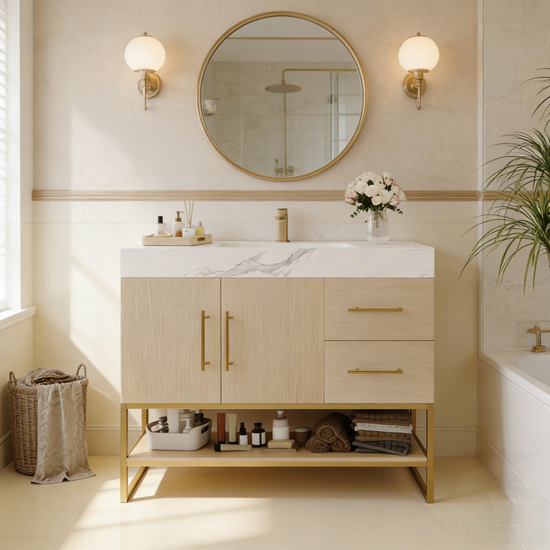 Meuble-lavabo moderne avec lavabo en céramique sans couture et armoire autoportante décorative dorée, pour des salles de bain élégantes et fonctionnelles.