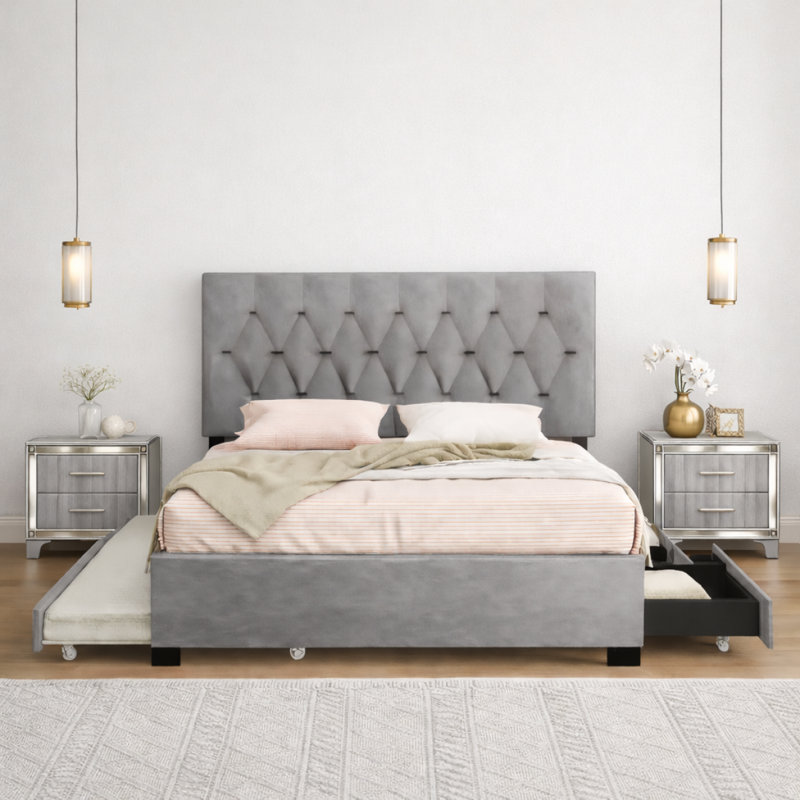 Grand lit plateforme tapissier avec lit gigogne coulissant et 2 tiroirs de rangement, comprenant 2 tables de chevet en acrylique, ensemble de mobilier de chambre gris