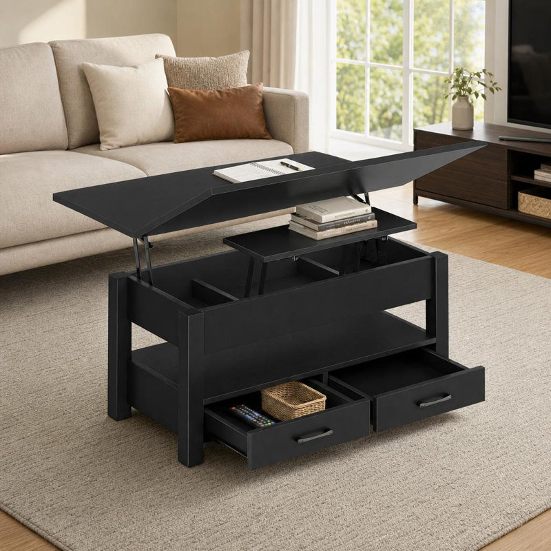 Table basse à plateau relevable multi-fonctions 4-en-1 avec tiroirs et rangement caché, Noir, Modèle n ° 2