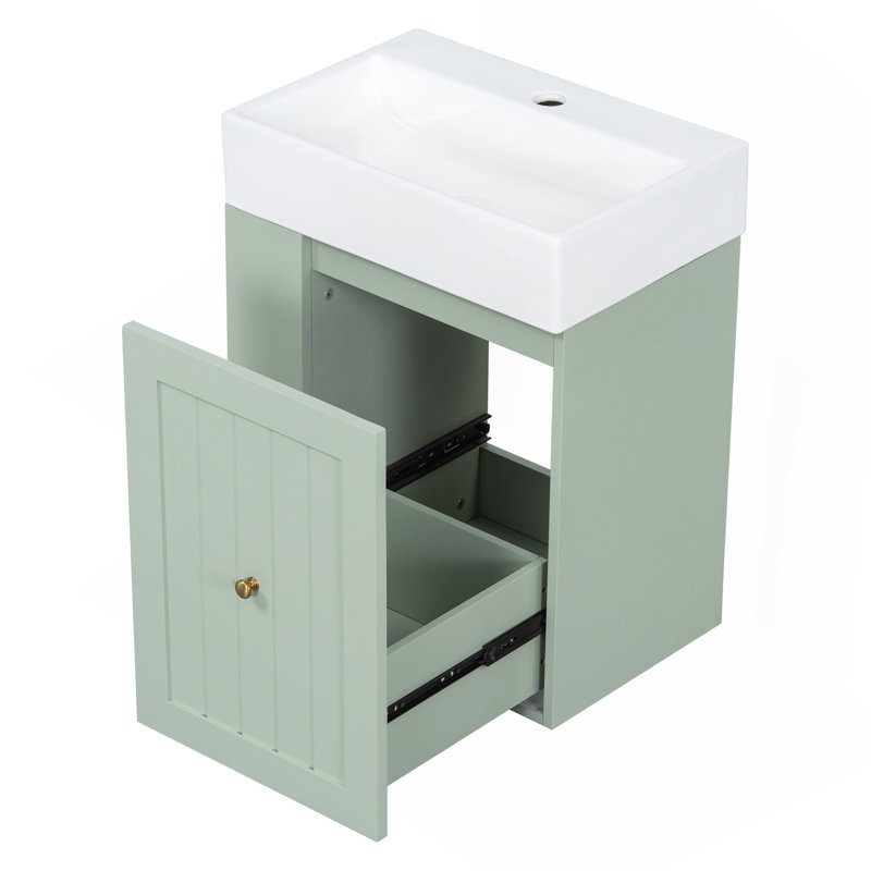 Meuble-lavabo de 20 pouces avec lavabo en céramique, armoire de rangement en panneau de fibres à densité moyenne avec tiroir, tablette latérale et poignée dorée - meuble-lavabo moderne pour les petites salles de bain