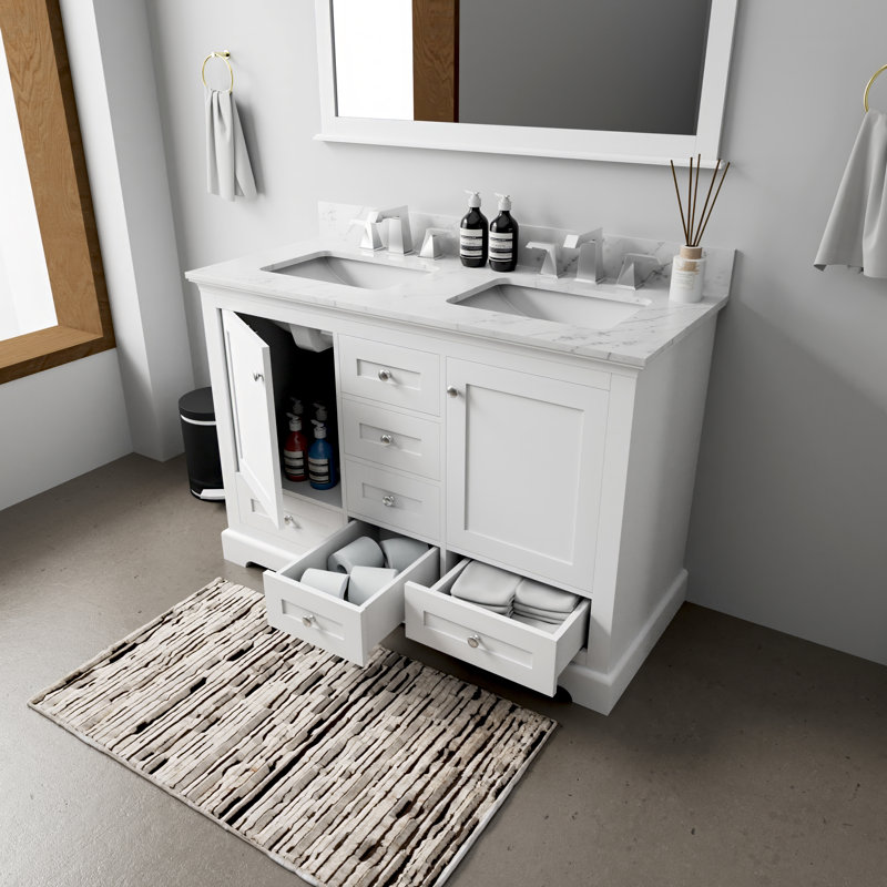 Meuble-lavabo double l 48 po x P 22 po Dukes, Blanc, Marbre de Carrare blanc