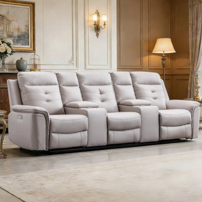 3-Seater Modern Premium Faux Leather Power Reclining Home Theater Sofa With 2 Storage Console & Cup Holders & USB