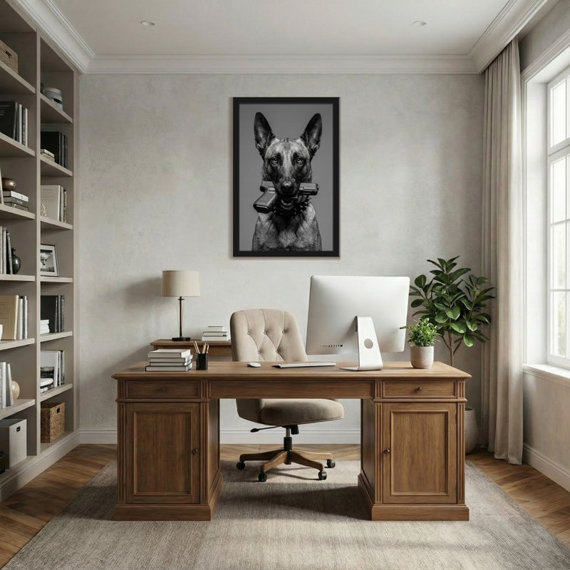 Animaux, chien tenant un pistolet dans la bouche, noir et blanc, H 18 po x l 12 po