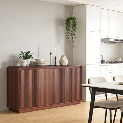 Walnut 4-Door Fluted TV Stand With Power Outlet, Handleless Wave Design