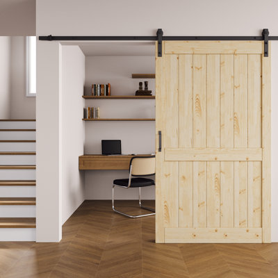 Paneled Solid Wood Unfinished Barn Door With Installation Hardware Kit