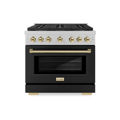 ZLINE Autograph Edition 36 in. 5.2 cu. ft. Paramount Gas Range W/ 6 Burner DuoPro Cooktop and Convection Gas Oven in Satin Stainless Steel W/ Black Matte Door and Champagne Bronze Accents