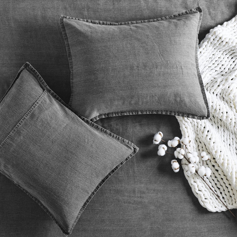 Couette 3 pièces, lits double / grand, 100% sergé de coton délavé, surdimensionné, sommeil confortable, fermeture à boutons, gris, literie délavée pour le repos de la peau, douceur au toucher, décor intemporel, sommeil