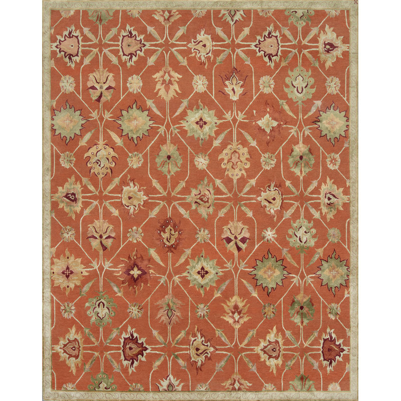 Palmettes Floral Area Rug in Coral/Celery Green/Caramel, Runner 3' x 9'