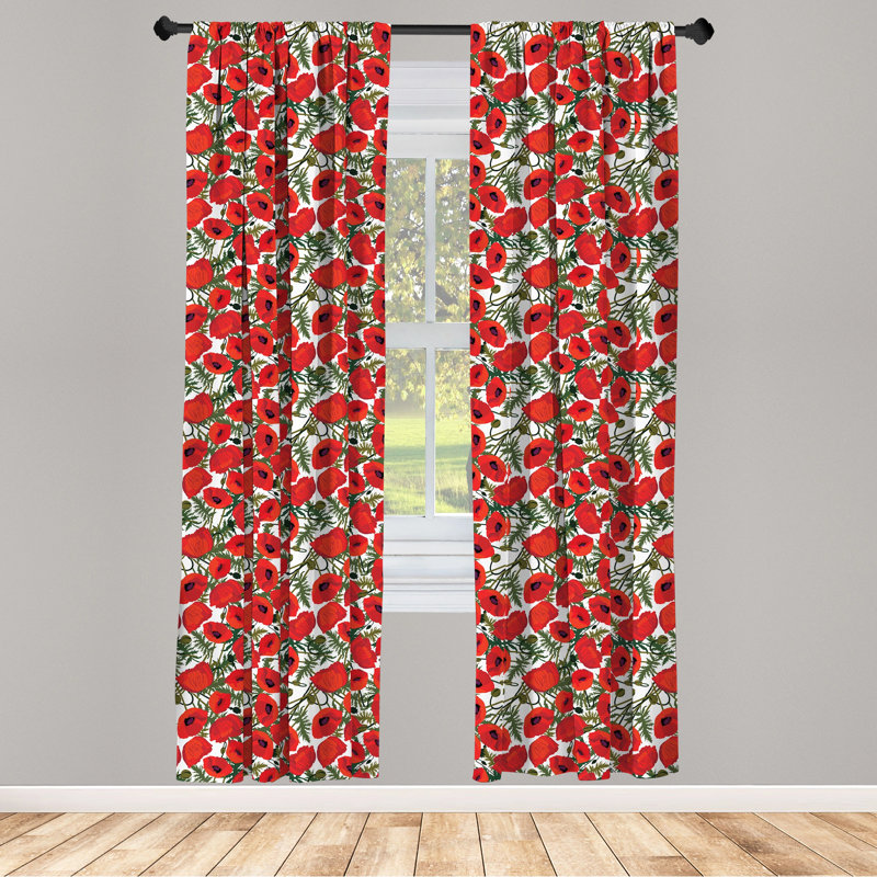 Red Poppy Floral Polyester Room-Darkening Curtain Panels