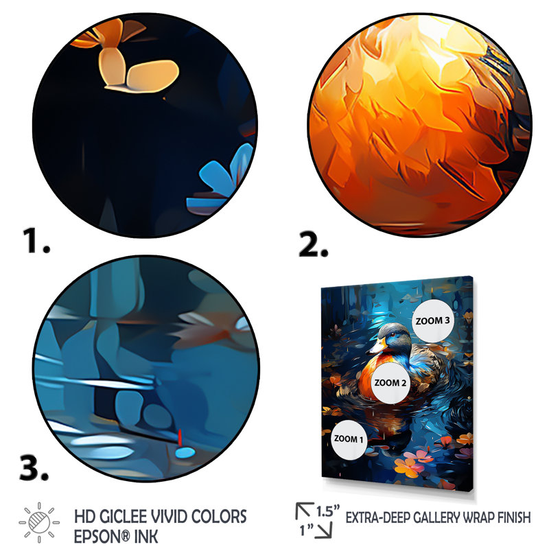 «Blue Duck Morning Quack Lake» - art mural animal canard, Cadre flottant blanc, H 32 po x l 16 po x P 1 po