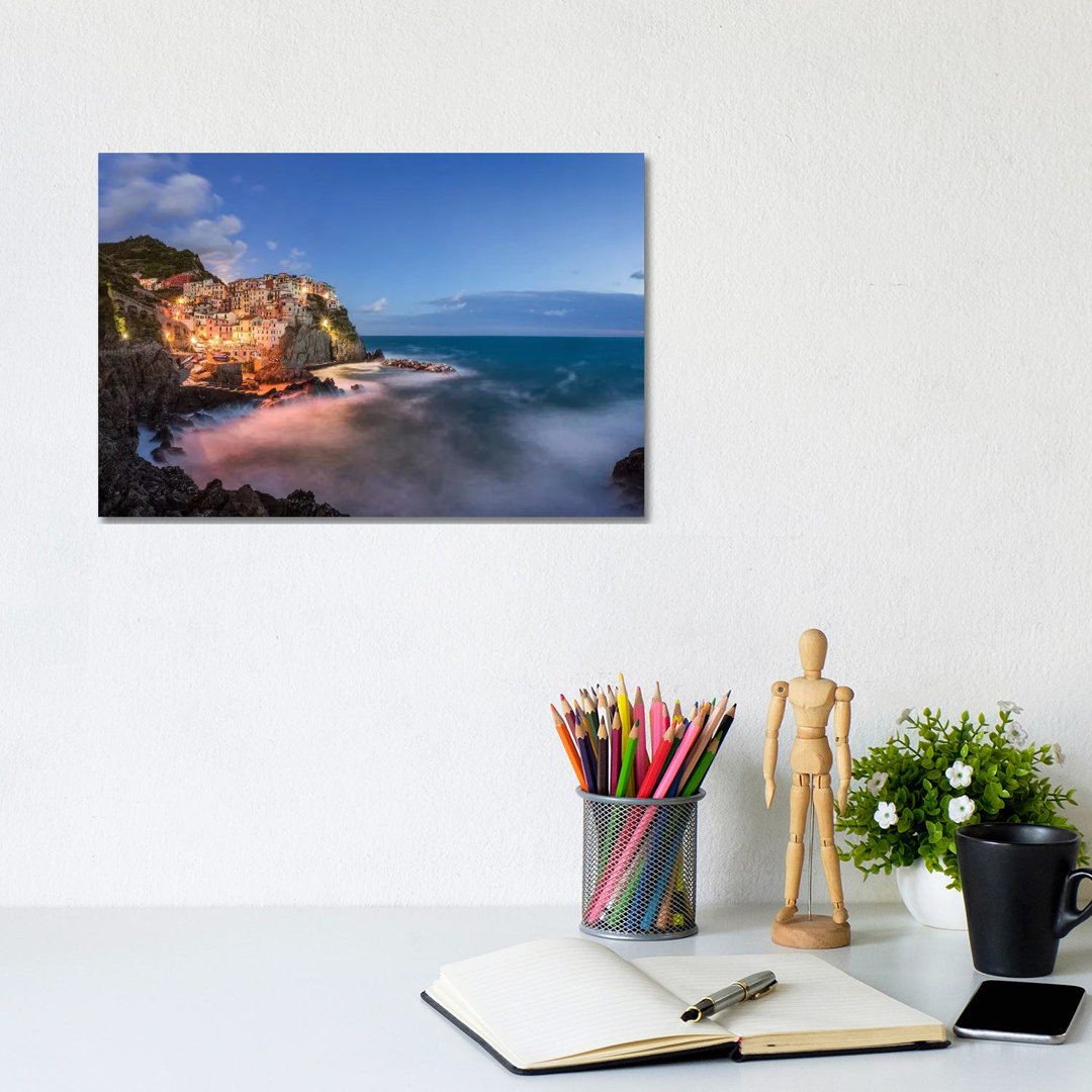 Italy, Manarola. Coastal Village And Sea At Sunset.
