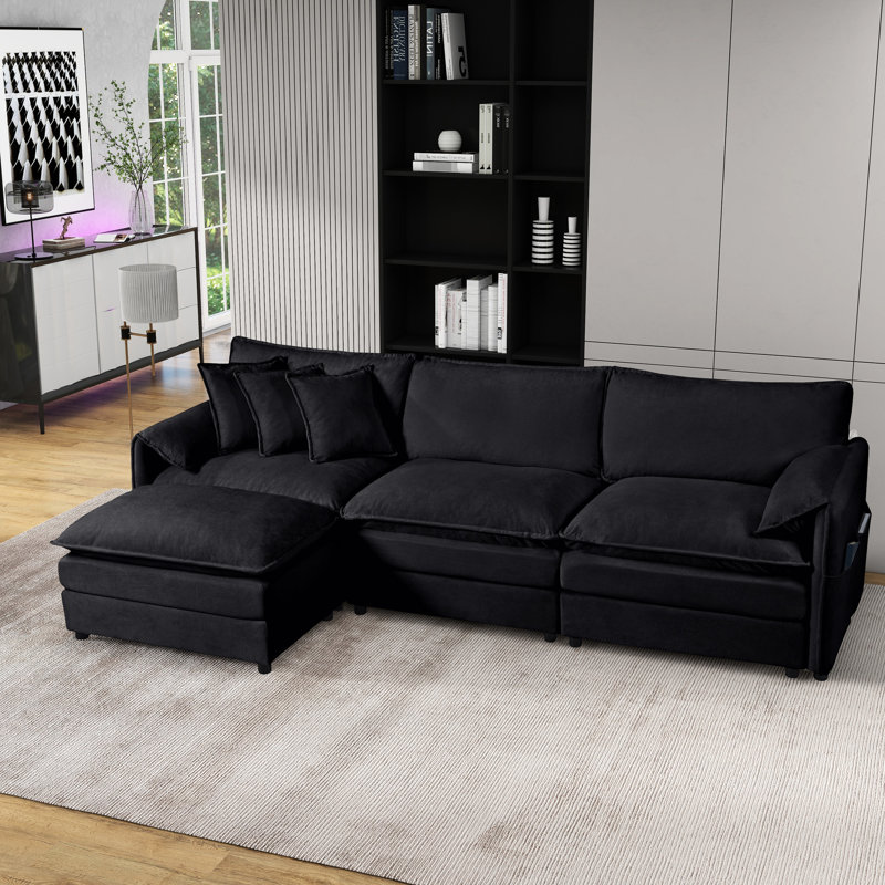 Canapé modulaire surdimensionné en chenille noire, 3 places avec siège profond et meuble modulaire modulaire pour salon, chenille