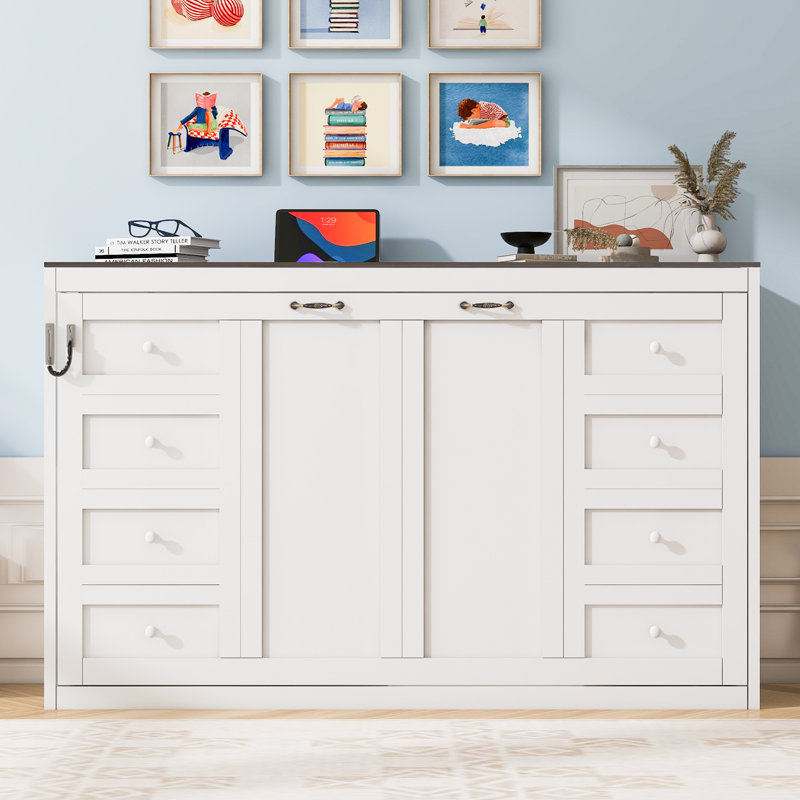 Lit escamotable simple avec lumière DEL, armoire murale pliable, lit caché peu encombrant, blanc et brun, Brun / Blanc