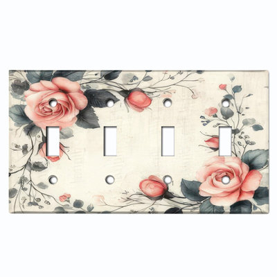 Plaque d'interrupteur en métal ; interrupteur à bascule 4 voies, taille standard américaine ; bordure rose vintage