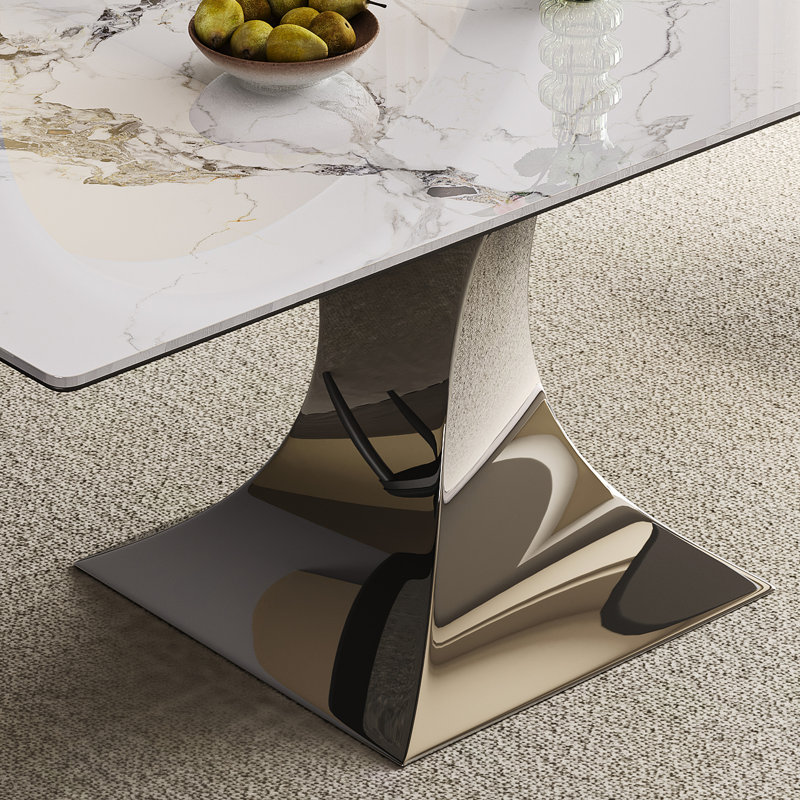 Table de salle à manger pour 6 à 8 personnes, forme rectangulaire, profondeur de 71 pouces, fabrication en pierre frittée et en acier inoxydable, table moderne facile à assembler, 71 po x 35,4 po, hauteur 30 po, base noire, pierre, peau