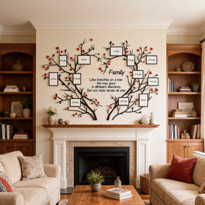 Family Tree Wall Decor with Photo Frames, Removable 3D Acrylic Wall Stickers with Red Heart Accents, DIY Picture Collage for Living Room & Bedroom