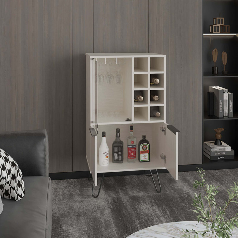 Aster 23" Wide Double Door Bar Cabinet and Glass door comparment, Eight bottle cubbies and stemware