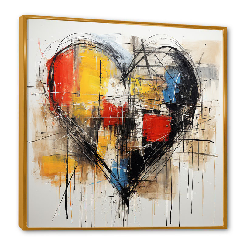 Pop Art Heart Abstract Collages - Art mural abstrait, H 30 po x l 30 po x P 1 po, Cadre flottant doré