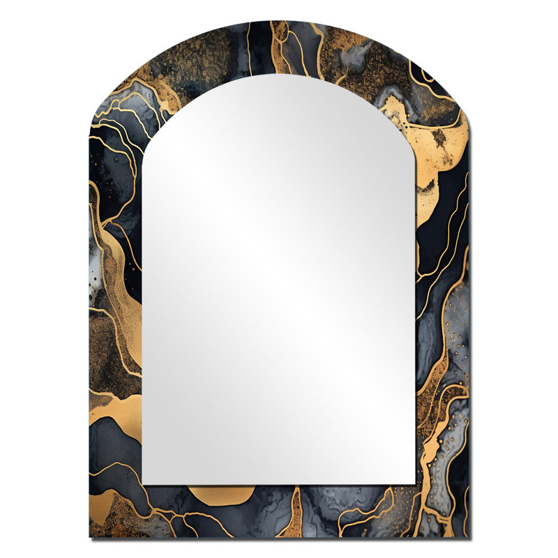Gold and grey marble glimmering galaxies IV - Fractal Asymmetrical Mirror, Gold Arch Unique Wall Mirror, Printed Metal Art