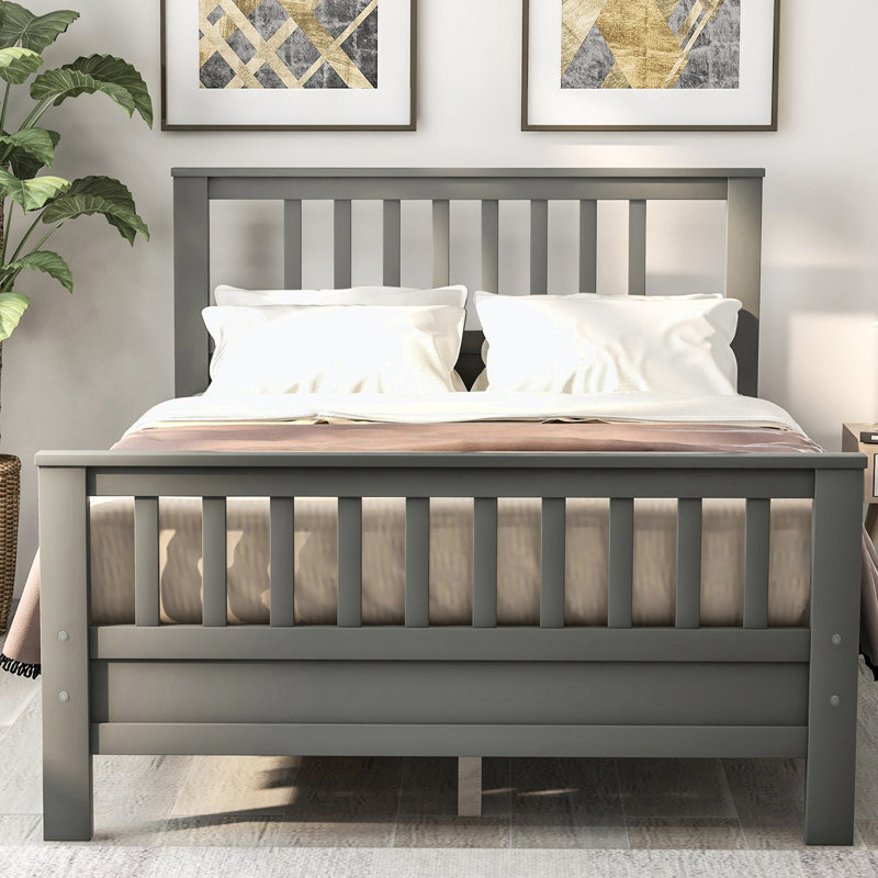 Lit plateforme en bois avec tête de lit et pied de lit Oberlander, Double, Gris, Bois manufacturé