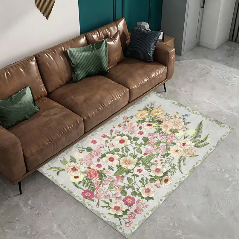 Vintage Floral Bouquet Area Rug, 5' x 7' for Outdoor Balcony & Dining Room, Gray