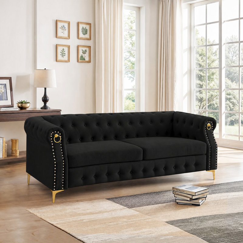  83.5" Velvet Chesterfield Tufted Sofa, Black