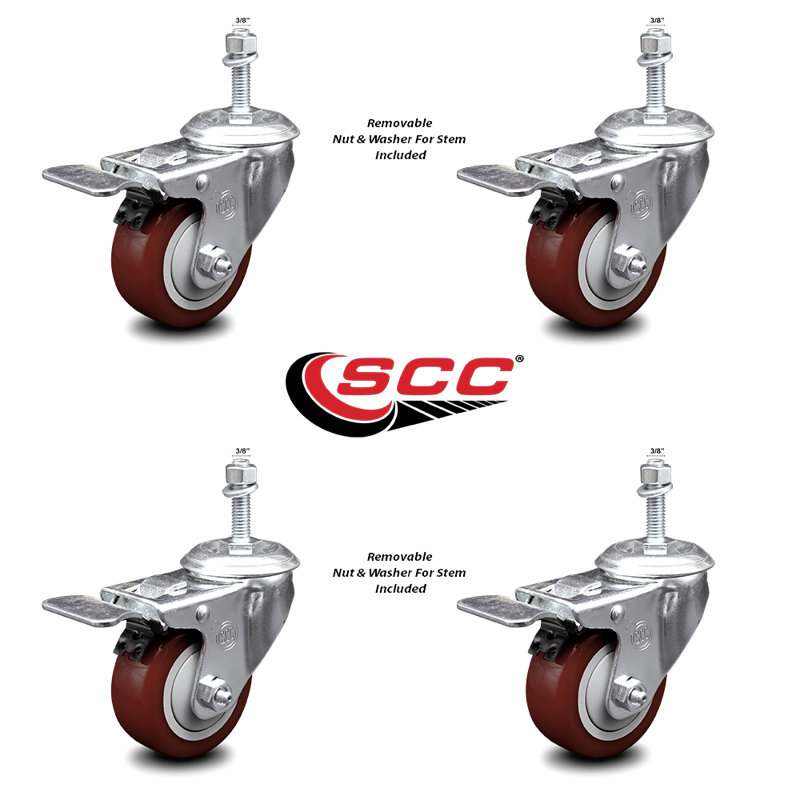 Polyurethane Swivel 3/8 Inch Stem Caster Set with Total Lock Brake