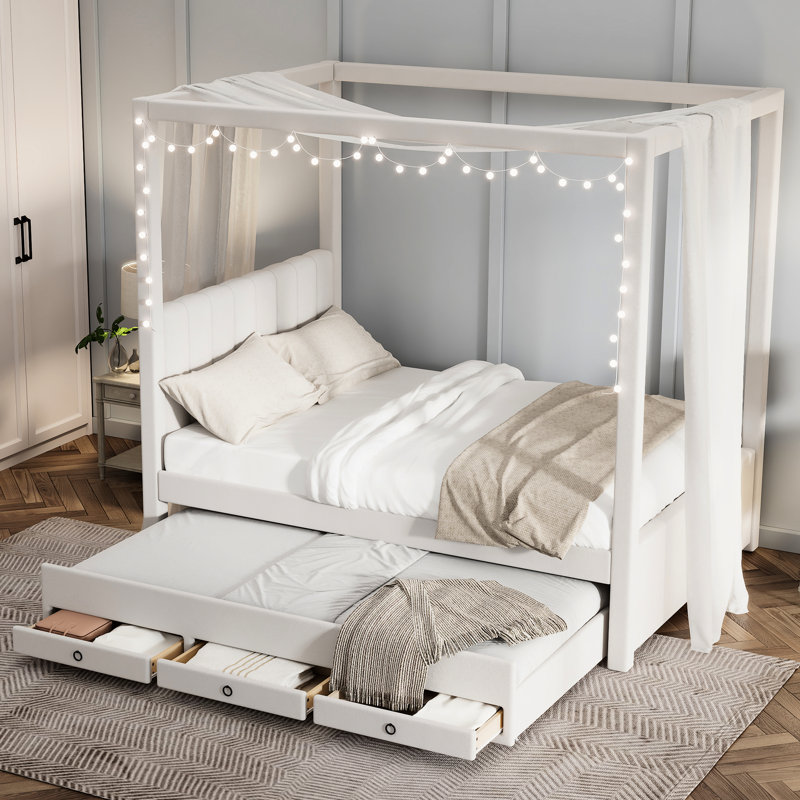Lit à baldaquin double avec lit gigogne et rangement pour la chambre à coucher, plateforme beige - Économie d'espace