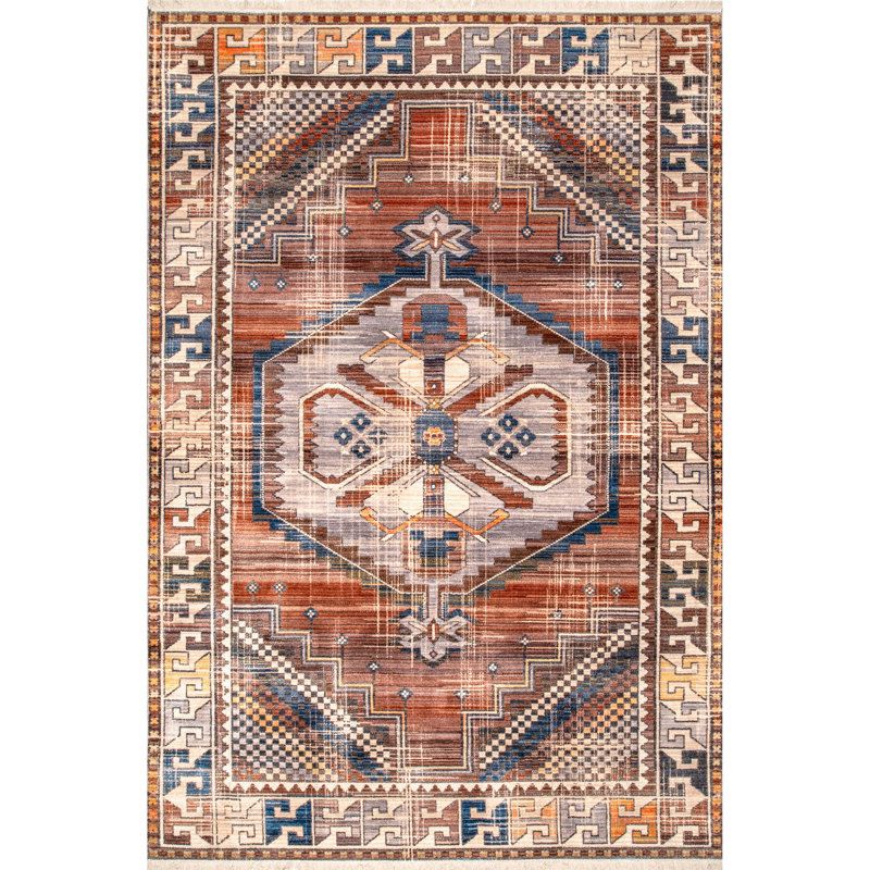 Carshalt Rust/Blue Area Rug, Rectangle 4' x 6'2"