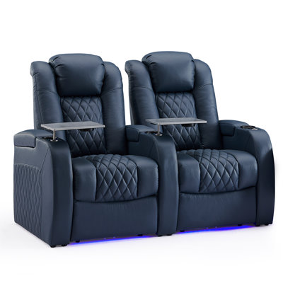 64" Wide Genuine Leather Home Theater Seating with Cup Holder 