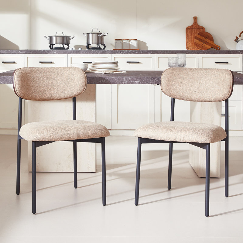 Ensemble de 2 chaises de salle à manger en tissu, chaises de cuisine rembourrées sans dossier avec dossier en grain de bois, chaises de salle à manger modernes avec dossier incurvé et pieds en métal