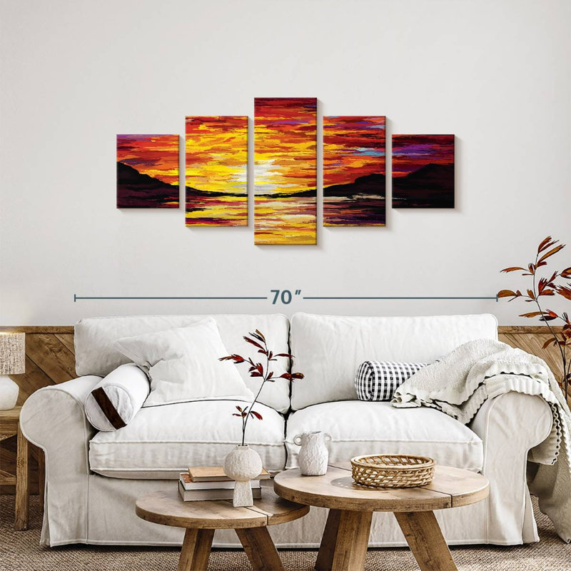 Acrylique abstrait coucher de soleil, H 24 po x l 55 po