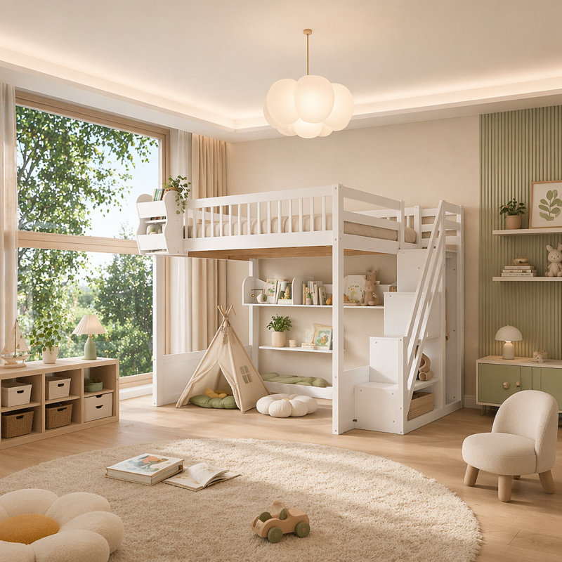 Grand lit mezzanine en bois avec escalier et garde-robe, tablettes de rangement et espace sous le lit, blanc