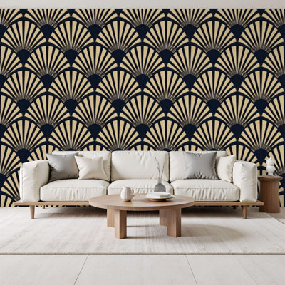 Papier peint adhésif mural à peler et coller à motif géométrique art déco bleu marine et ventilateur de pétoncles H 100 po x l 144 po amovible en PVC autocollant pour chambre à coucher, bureau à domicile
