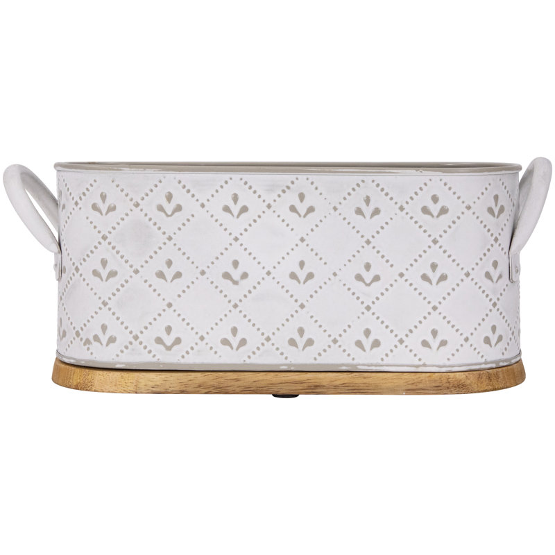 White Embossed Oval Iron Utensil Caddy with Wooden Base