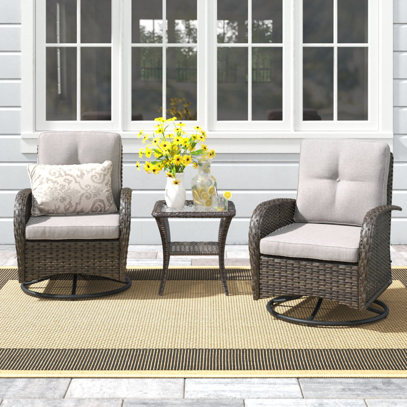 Aristil 2 - Person Outdoor Wicker Swivel Rocker Chair Seating Group with Cushions, Beige, Brown