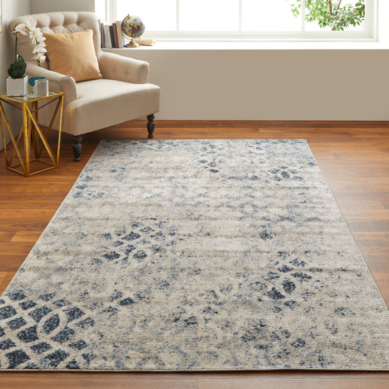 Tapis ivoire / bleu délavé Iluka, Rectangle 6 pi 7 po x 9 pi 6 po