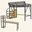 Lit mezzanine avec bureau et tablettes de présentation, lit mezzanine en métal avec escalier, garde-robe, station de charge et éclairage DEL pour enfants