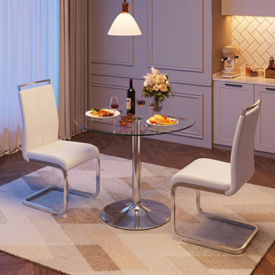 Ensemble de salle à manger 3 pièces en verre trempé rond moderne avec chaises en porte-à-faux en similicuir 