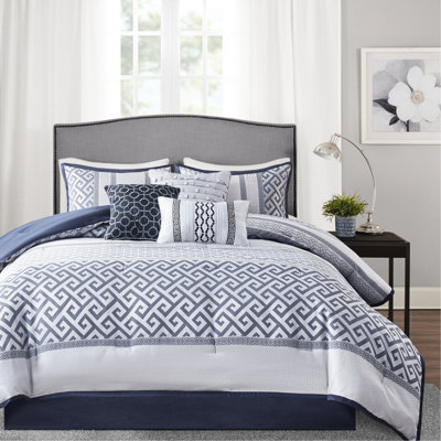 Literie de luxe bleu marine très grand - 7 pièces avec édredon, taies décoratives et jupe de lit pour édredon lavable à la machine