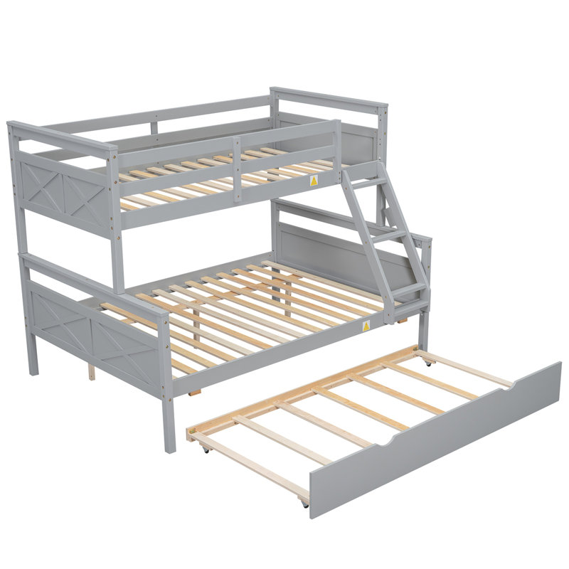 Lit simple superposé au dessus d'un lit double avec échelle, lit gigogne simple, barrière de sécurité, gris